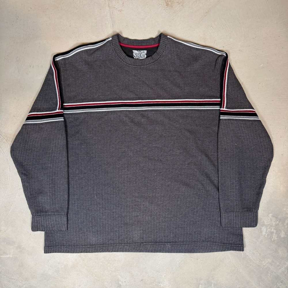 XG Mens XL Gray Ribbed Long Sleeve Crewneck Striped Skater Streetwear Shirt